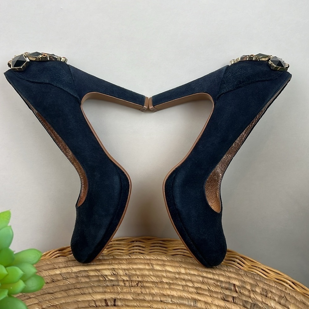 Miss Albright Suede Heels Pumps Navy Rhinestone Leather 6 Minnie Anthro Jewel - Picture 5 of 8